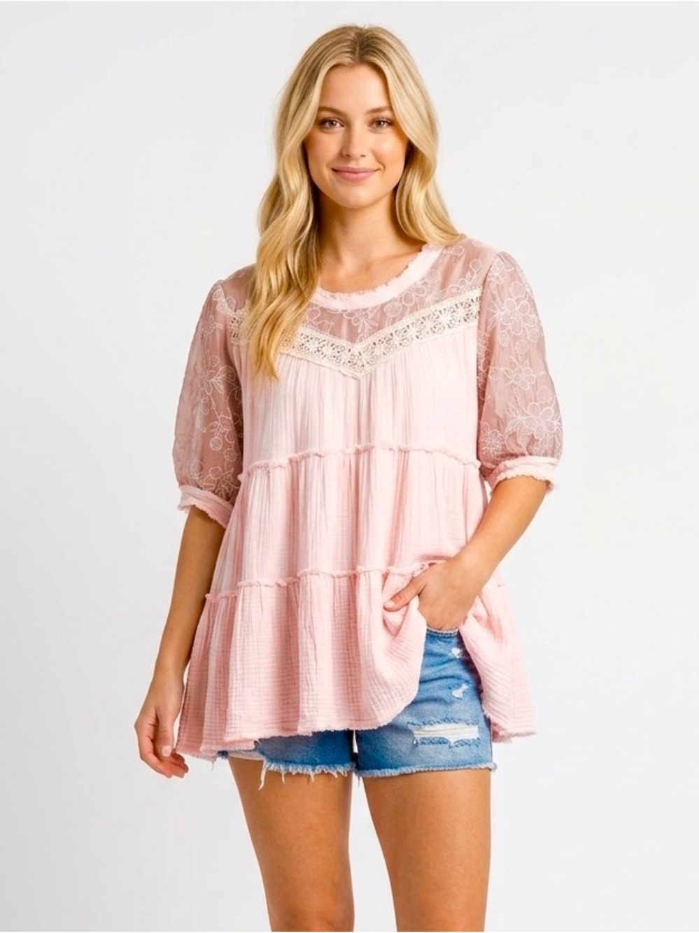 POL Pink Cotton Babydoll Tunic Top Embroidered Floral Lace Mesh Tiered Raw Hem M